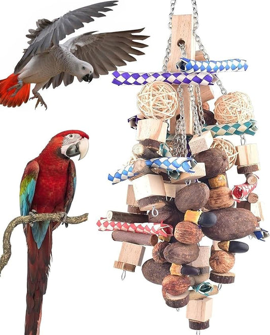 Bissap Large Parrot Chew Toys, 20.8in Bird Parrot Hanging Bite Wooden Blocks Cage Fun Toy for Macaw African Greys Cockatoo Eclectus Budgies Parakeet Cockatiel ect Large Medium Birds