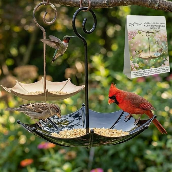 Mini Umbrella Bird Feeder Whimsical Garden Charm Hummingbird Feeders Station for Outdoors Hanging Metal Tray Birds Bath Waterer Shade Cover Garden Gifts for Wild Patio Yard Tree Decor