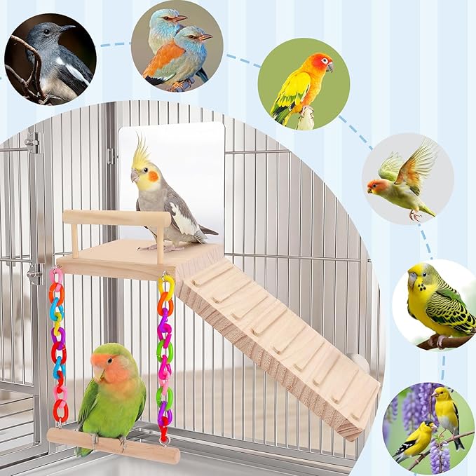 Bird Perch Platform Toy Set (Includes Mirror, Climbing Ladder, and Swing) - Wooden Play Frame, Parrot Cage Accessories, Suitable for Budgerigars, Lovebirds, Canaries, and Various Other Birds