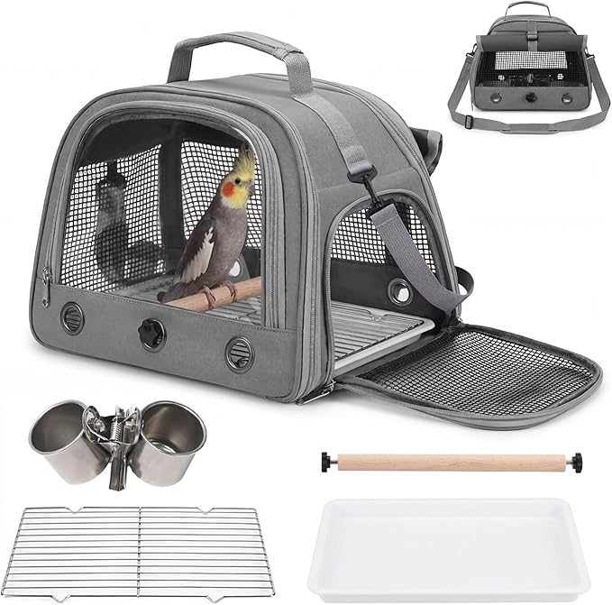 Bird Carrier, Lightweight Breathable Bird Backpack, Portable Wild Bird Carrier with Standing Perch for Parrot Travel Vet Visit (Grey)