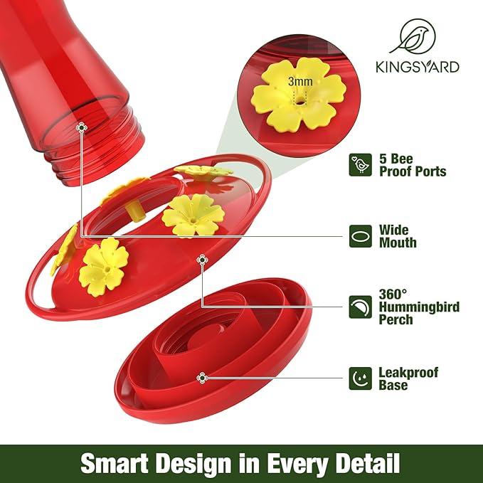 Kingsyard Glass Hummingbird Feeder for Outdoors Hanging, 10 oz Leak-Proof Humming Bird Feeders with Ant Moat & Bee Proof Feeding Ports, Hummingbird Gift for Bird Lovers (Red)