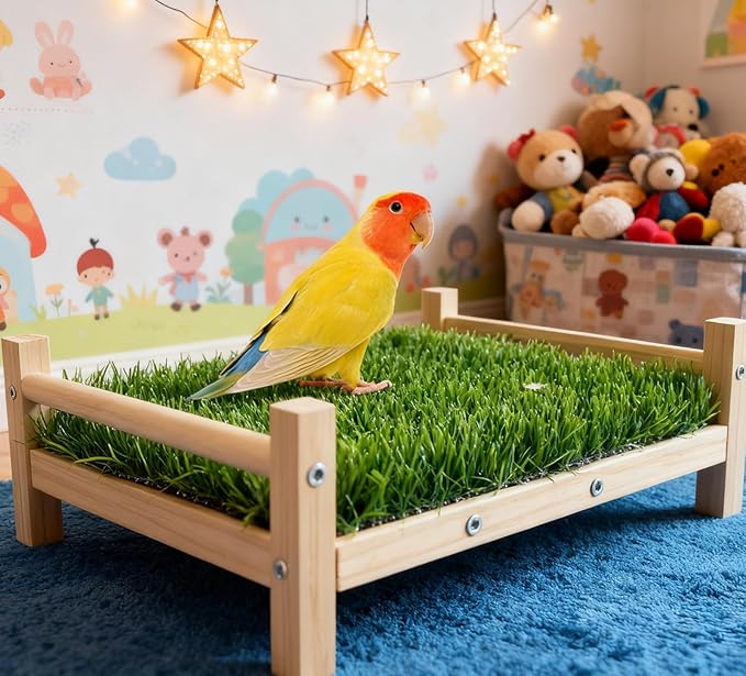 Bird Toy with Foraging Mat, Parrot Forage Toy Bed, Parrot Grass Perch Hammock Bed, Bird Perch Conure Platform Grass Forage Toy for Parakeet, Cockatiel, Lovebird, Budgie