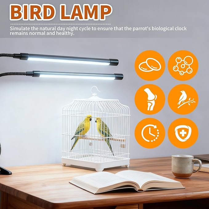 Bird Cage Light with Timer 10 Dimming Levels, 60 LED Beads, Bird Light Avian Lights for Birds Simulate Sunlight for Parrots & Pet Birds