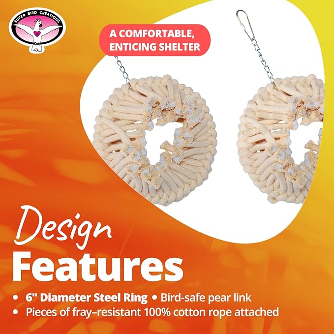 Super Bird Creations SB130 Snuggle Ring Bird Toy - Comforting Cotton Rope Hideaway - Durable Steel Ring, Safe Cage Attachment - Ideal for Cockatiels, Parrots - Small/Medium Birds - 9" x 7" x 3"