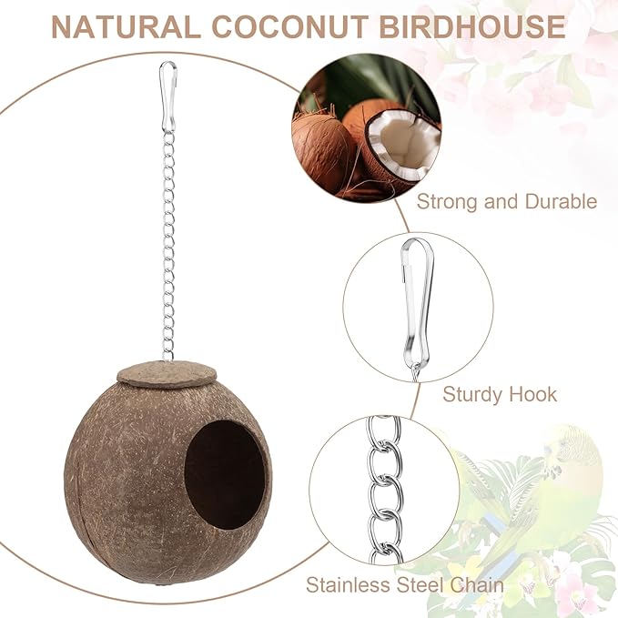 Hypeety Natural Coconut Hideaway Parrot Birds Toys Decorative Bird Nest Cage House for Pet Parrot Budgies Parakeet Cockatiels Conure Canary Finch Pigeon Cage Hamster Rat (Nest Cage Only)