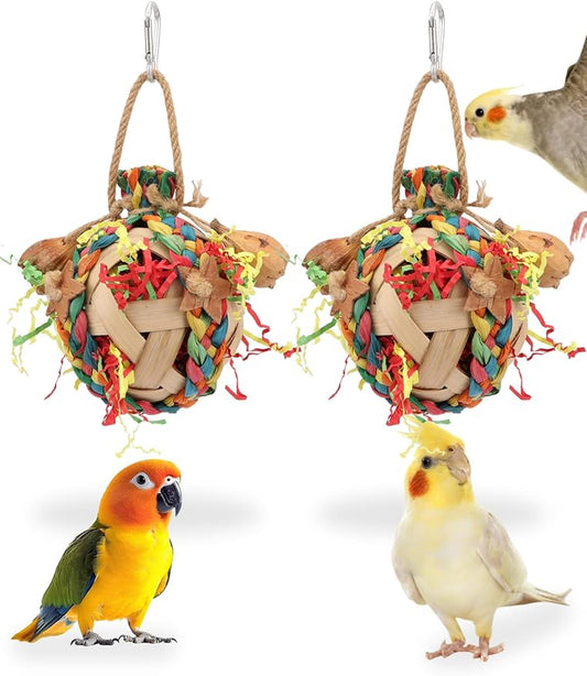 Wontee Bird Toys Colorful Shredding Crinkles Foraging Toys Natural Dried Fruits Chew for Cockatiels Conures Parakeets Budgies Senegal (2 Packs)