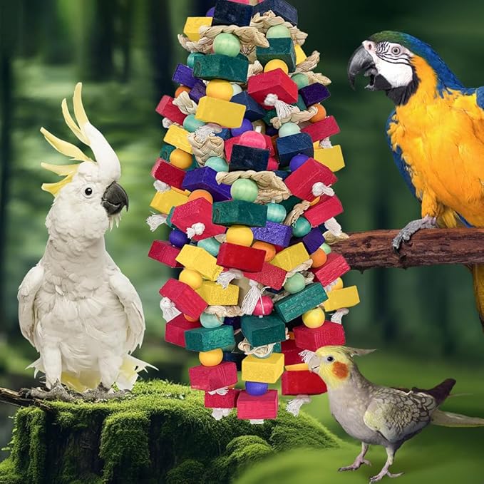 Bird Toys for Large Parrots Colorful Natural Wood Block Parrots Chew Foraging Toys for Bird Cages Cockatoos, Macaws, African Greys, and Amazons