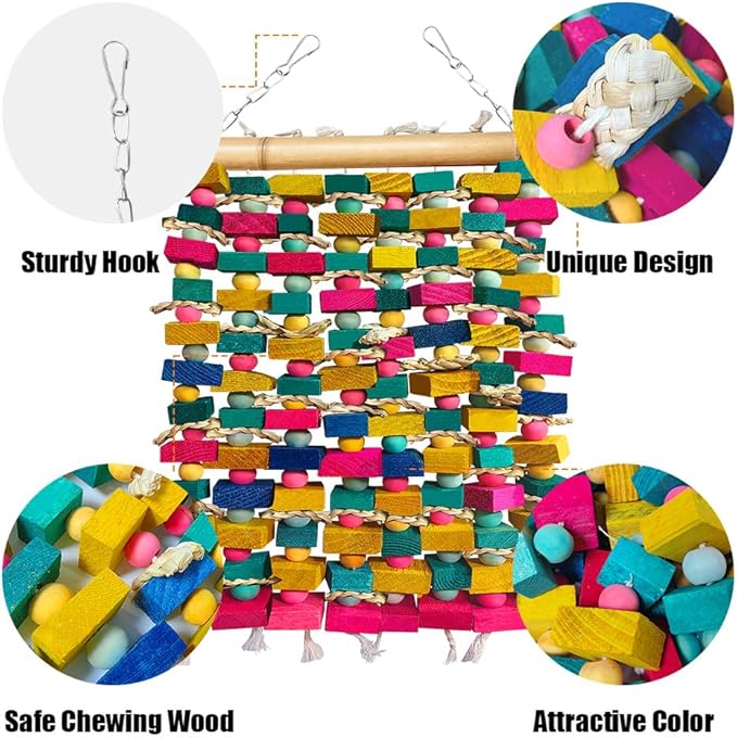 Extra Large Bird Toys for Macaws, Multicolored Wooden Blocks Bird Chewing Toy Parrot Cage Bite Toy for Macaws Cokatoos African Grey and Large Medium Parrot Birds