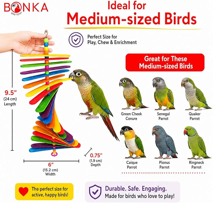 Bonka Bird Toys 867 Big Stick 9.5" Colored Wooden Plastic Spinning Chew Toy for Medium Birds Cage Enrichment Conure Amazon Eclectus and Similar
