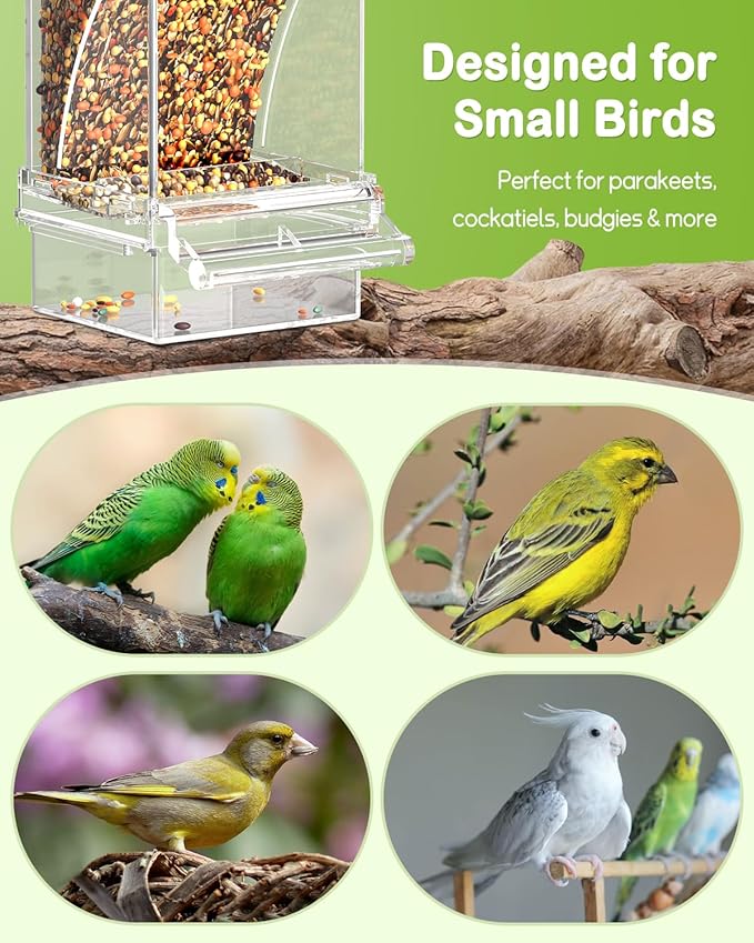 Pawfly Automatic Bird Feeder, Bird Feeder for Cage, No Mess Bird Feeder, Clear Acrylic Bird Cage Feeder, Parrot Feeder for Parakeet, Cockatiel, Budgie & Small Birds