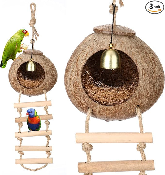 Briwooody Coconut Shell Bird Nest House Breeding Bed Nestingand Anti-Pecking Bite with Natural Coir Fiber Bird Nest Toy Bell for Parrot Budgie Parakeet Cockatiel Conure Lovebird Canary Finch(Classic)