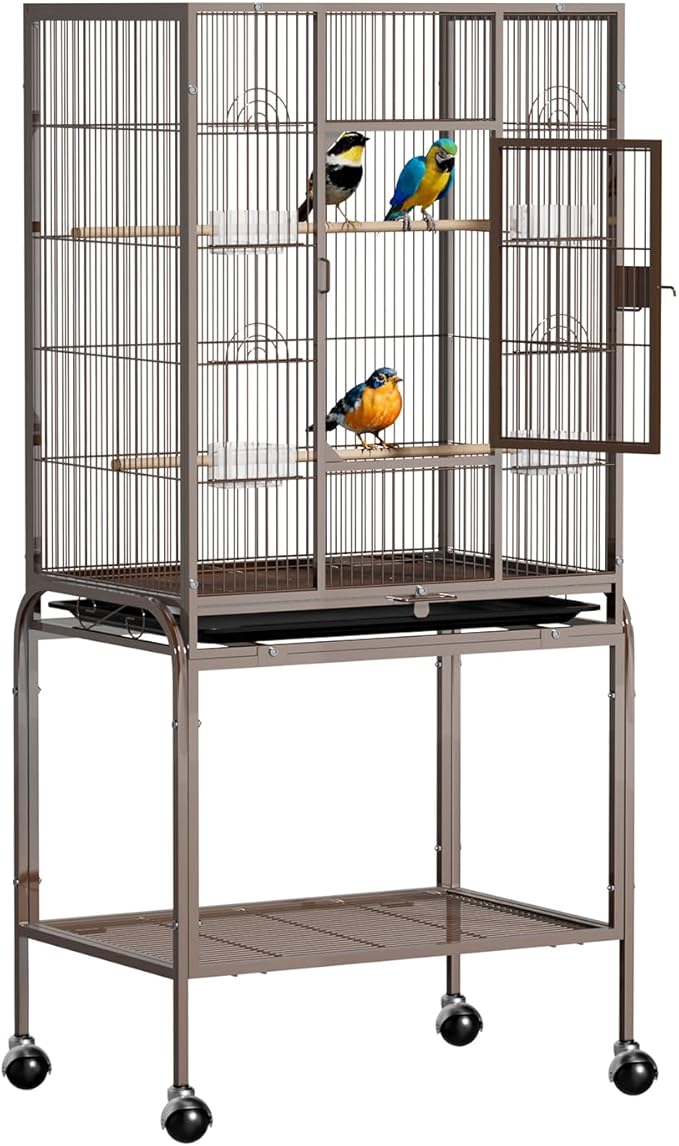 VINGLI 53-inch Bird Cage with Wheels, Durable Wrought Iron Parakeet Cage with Slide Out Tray, Black Bird Cages for Parakeets/Lovebird/Cockatiels/Budgies and Other Small/Medium Birds (Brown, 53 inch)
