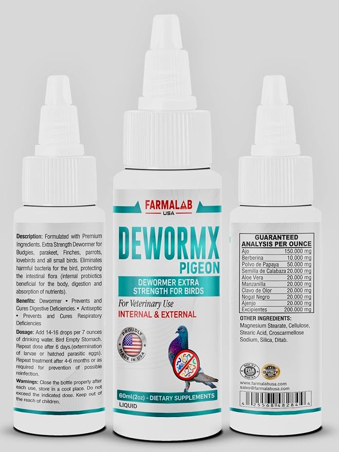 DEWORMX Liquido para Palomas 60ml DEWORMX Liquid for Pigeons Doves Birds 60ml Palomos Buchones Mensajeros Pigeon Tabs Pigeonvita Vitamins La Lechita