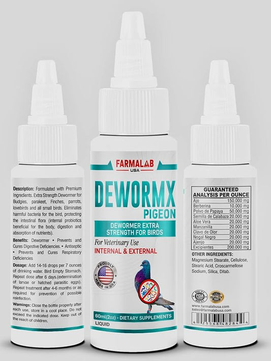 DEWORMX Liquido para Palomas 60ml DEWORMX Liquid for Pigeons Doves Birds 60ml Palomos Buchones Mensajeros Pigeon Tabs Pigeonvita Vitamins La Lechita