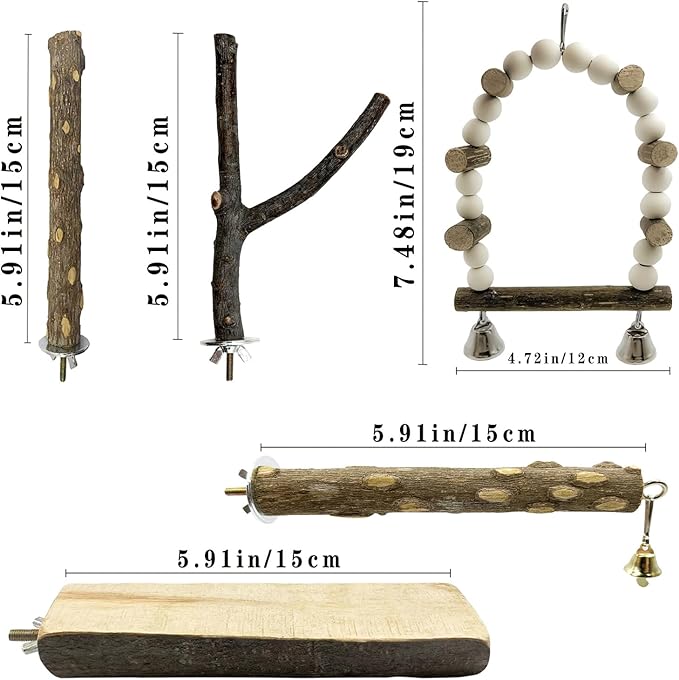 5Pcs Natural Wooden Bird Perch Set – Parrot Perch Toys, Bird Cage Perches, Cage Accessories for Budgies, Cockatiels, Lovebirds, Finches, and Other Small to Medium Birds