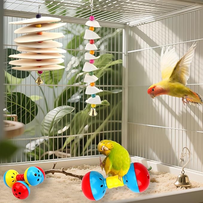DQITJ 4 Pcs Bird Barbell Dumbell Foot Toy Bird Rattles Bells Enrichment Playing Accessories for Small Bird Parrot Finch Parakeet Cockatiel Conure