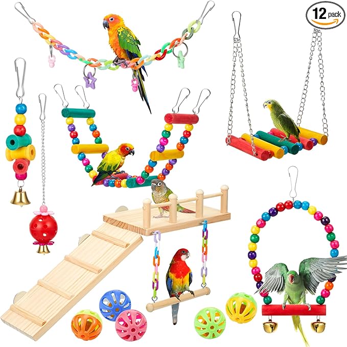 12 Pcs Parakeet Cockatiel Bird Toys, Parrot Swing Chewing Hanging Toys, Colorful Style Parrots Cage Accessories, Interactive Chew & Climb Play Set (Basic Style)