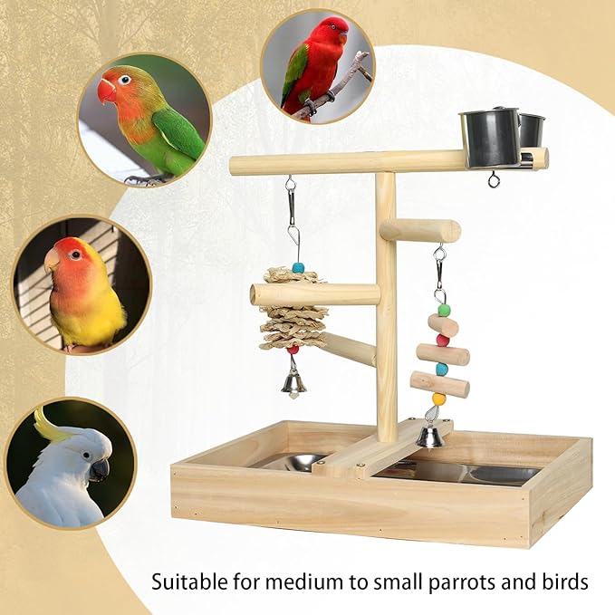 Bird Playground, Natural Wood Bird Play Stand with Stand Perch, Two Toys, Two Food Cups, and Removable Tray, Suitable for Lovebirds, Cockatiels, Budgies, Parakeets, and Other Small Birds