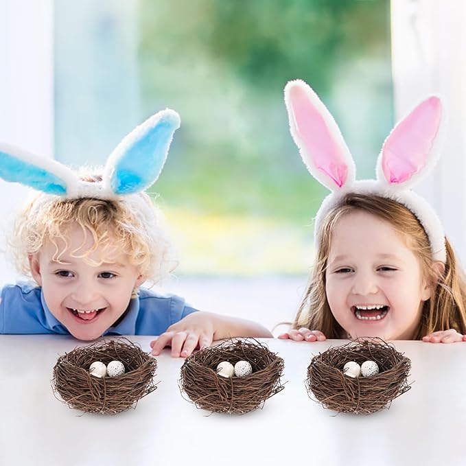 PRETYZOOM Artificial Bird Nest Decor Set with 4 Rattan Nests & 12 Speckled Eggs, 3.93 x 3.93 x 1.96 in, Realistic Nature-Themed Easter Party Favors, DIY Crafts & Home Office Decoration