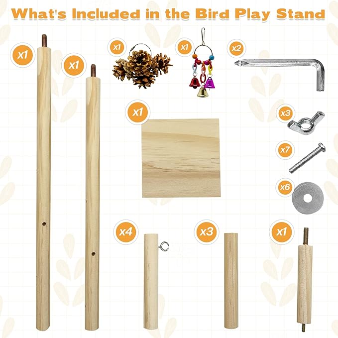 PINVNBY 3 PCS Wooden Small Bird Playground for Top of Cage, Wood Parrot Stands Perch Birds Gym with Hanging Chewing Toys Bird Cage Accessories for Parakeet Conure Love Birds Budgie