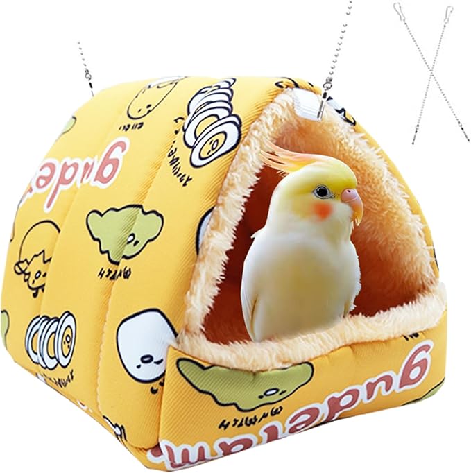SUSOO Plush Warm Bird Bed - Hanging Bird Nest Snuggle Velvet Shed Tent Cage Fluffy Hut Winter Sleeping Hideaway Hammock House for Parrot Parakeet Conure Cockatiel Budgies Lovebird (Yellow, L)