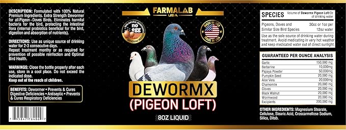 DEWORMX for Pigeons Doves Birds Palomos Buchones Mensajeros Pigeon Tabs Pigeonvita Vitamins La Lechita Pigeons Hens Rooster Chickens Caged Birds (Pigeon Loft 8oz)