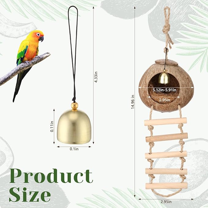 Briwooody Coconut Shell Bird Nest House Breeding Bed Nestingand Anti-Pecking Bite with Natural Coir Fiber Bird Nest Toy Bell for Parrot Budgie Parakeet Cockatiel Conure Lovebird Canary Finch(Classic)