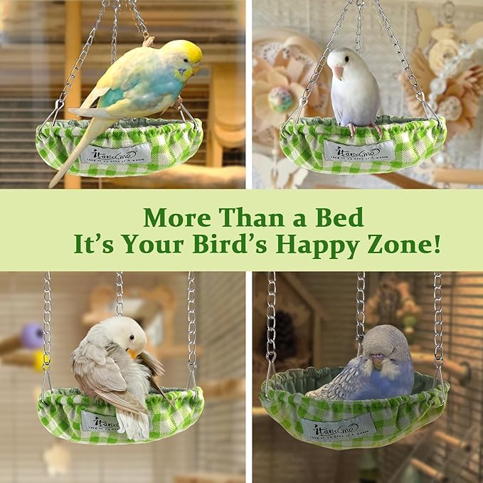 EIODEAR Waterproof Bird Bed with Adjustable Chain, Customizable Height Hanging Bird Hammock for Cage, Small Size Bird Nest with Durable Non-Collapsible Bottom, Bird Hut for Conures, Budgies (Green)