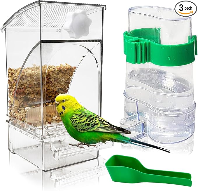Hamiledyi No Mess Bird Feeders Water Dispenser Set Automatic Parakeet Cage Feeder with Perch Transparent Acrylic Container Parrot Cage Accessories for Canary Budgie Lovebirds Finches