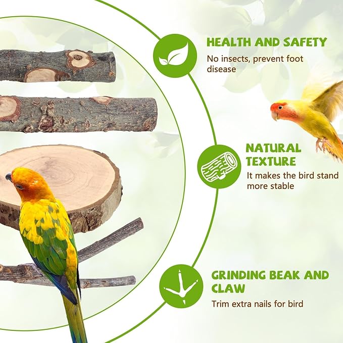 12PCS Natural Wood Bird Perches for Cage, Parrot Perch Stand & Platform, Bird Cage Accessories - Multi-Size Perches for Parakeets, Cockatiels, Conures, Lovebirds