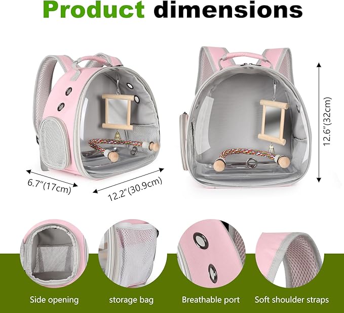 Portable Parrot Travel Cage Carrier with Mirror Standing Toy Set Small Bird Parakeet Bag with Standing Perch Bird Carry Transport Bag (Pink, Backpack/Mirror)
