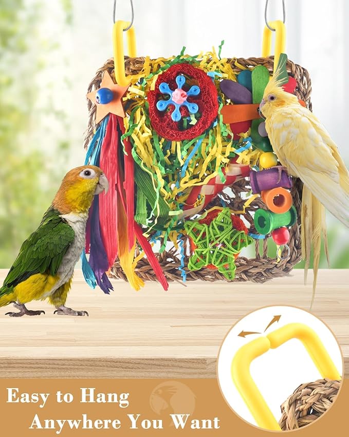 ERKOON Cockatiel Toys, Budgie Toys Foraging Toy Hanging Bird Toy for Lovebrid Parakeets Conures Parrot Foraging Wall with Colorful for Birds Shredding Seagrass, Birds Cage Accessories-2 Pack