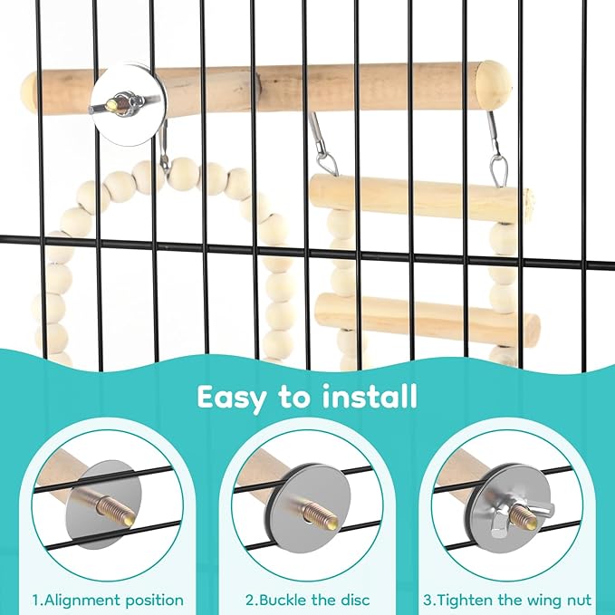 DBNESS Bird Perch Toys, Wooden Ladder Perch for Cage, Parrot Platform Stand Colourful Swing Hammock Climbing Bridge Exercise Cage Accessories for Budgies Cockatiels Lovebirds Hamster (5 in 1)