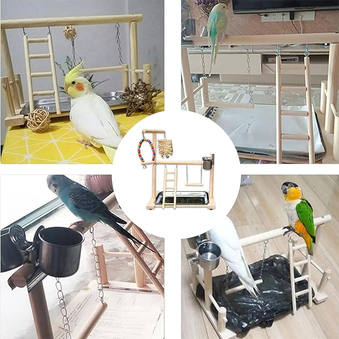 Bird Stand, Natural Wood, Parrot Playground with Removable Tray & 2 Stainless Steel Feeder Cups, Suitable for Parakeet, Conure, Cockatiel, Lovebird, Canary, Lorikeet & African Grey