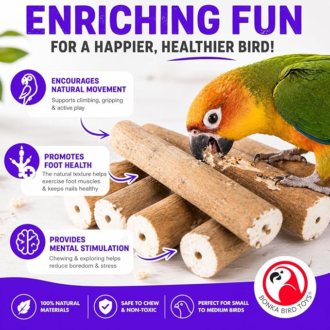 Bonka Bird Toys 1211 Pk6 Natural Bark Sola Sticks, 6-Pack, 3" Long, 1.25" Diameter, Soft Chew and Foraging Toy for Birds, Parrots, Parakeets, Cockatiels, Lightweight, Natural, Safe, Eco-Friendly