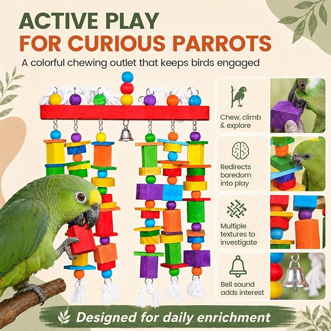 Extra Large Bird Toys for Macaws African Greys Cockatoos, 21.6" x 13" Heavy Duty Parrot Chewing Toy with Durable Stainless Steel Chain & Natural Wood Blocks, Large Bird Cage Accessories with Bell