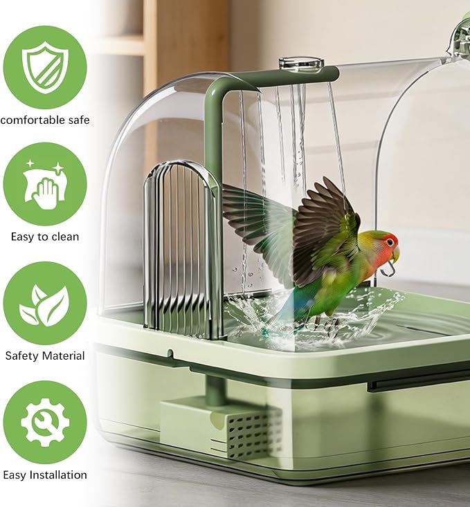 Parrot Bathtub, Bird Bath, Automatic Parrot Shower Bath with Pump, Birds Shower Bathtub with Running Water, Large-Capacity Water Tank for Pet Birds, Cockatiel, Conure, Budgie, Lovebird (Green)