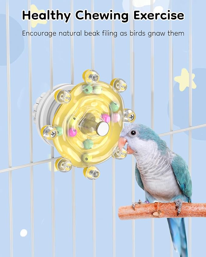 Pawfly Bird Toys for Parakeets, Colorful Spinning Wheel Chew Toy, Interactive Spinner Rattle Parrot Toys, Cockatiel Toy, Parakeet Toys, Bird Cage Accessories for Entertainment Chewing Exercise, Yellow