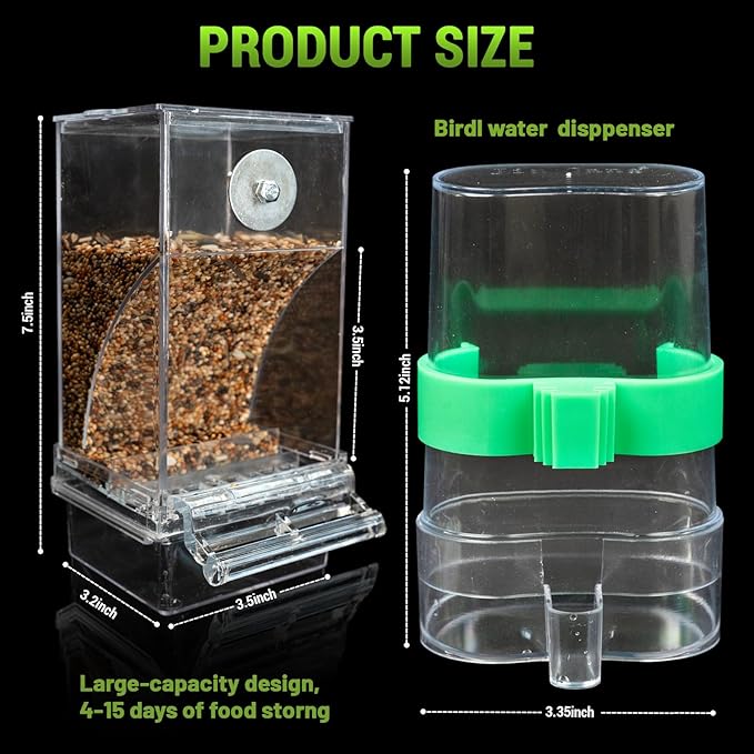 No Mess Bird Feeder Water Dispenser Set, Automatic Bird Feeder for Cage, Parakeet Cage Accessories, Parrot Cockatiel Seed Food Container Drinker for Squirrel Finch Lovebirds Budgies Canary