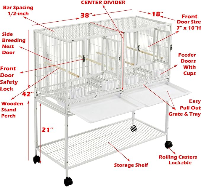 Durable Wrought Iron Single Stackable Center Divided Breeder Breeding Bird Flight Double Rolling Cage Storage Shelf for Aviaries Canaries Cockatiels Lovebirds Finches Budgies Small Parrots