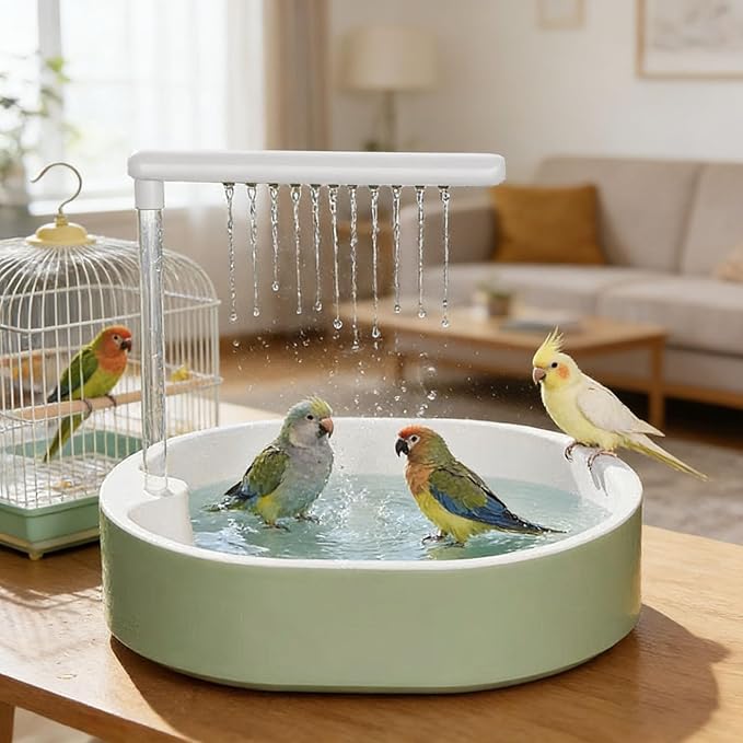 Parrot Shower, Automatic Parakeet Bird Bath for Cage Indoor,Parrot Bird Shower Budgie Bath Guard, Pet Accessory, Automatic Circulating Water Bathtub for Pet, Lovebird, Finches, Conure (White)