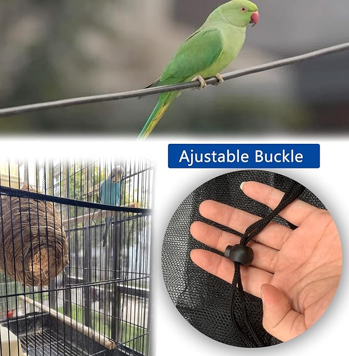 Garden Bird Cage Cover, Parrot Seed Catcher Seeds Guard Mesh Net with Ajustable Buckle for Round Square Square Cages, 1 pcs