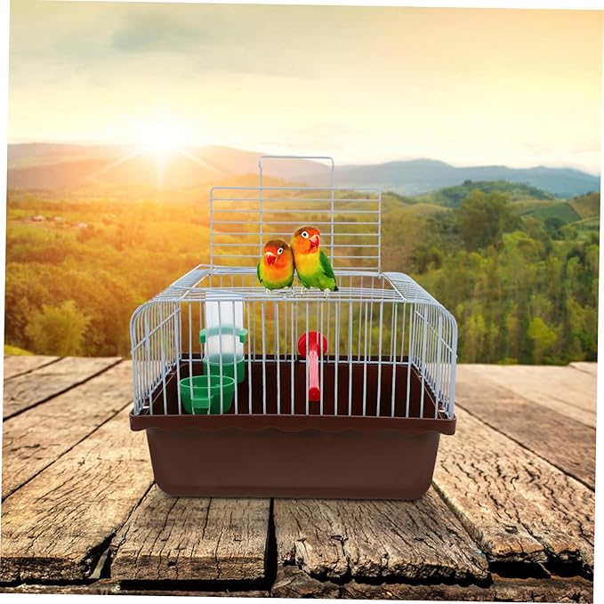 BESPORTBLE Bird Cage with Perch Food Box Portable Small Pet Carrier for Lovebirds Parrots Travel Cage Abs Iron Brown