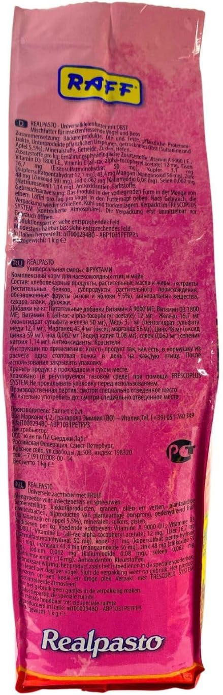 RAFF Realpasto Natural Bird Food 1kg - Premium Nutrition with Fruits Compound for Worm-eating and Indian Blackbirds, Formulated to Stimulate Singing & Support Vibrant Plumage Color