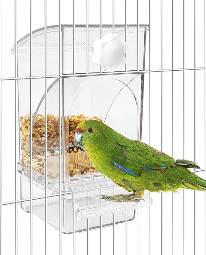 BNOSDM No Mess Bird Feeder Transparent Bird Food Container Automatic Parrot Feeder with Perch Parakeet Cage Accessories for Budgies, Canaries, Cockatoos, Finch and Lovebirds