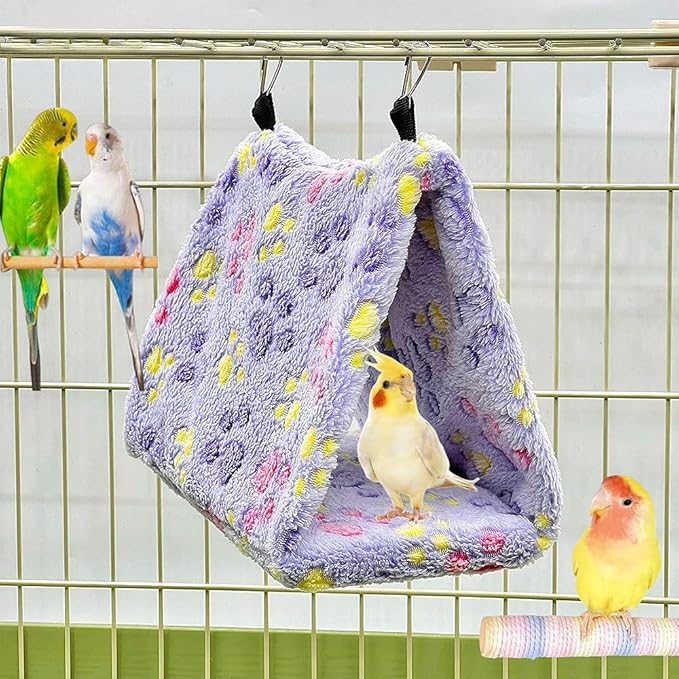 2 Pack Bird Nest Plush Snuggle Bird Hammock Hanging Bird Cave Parrot Sleeping Bed Shed Hut Hanging Tent for Budgies Finch Parakeet Cockatiel Cockatoo Lovebird-Foot Pattern (Pink&Purple)
