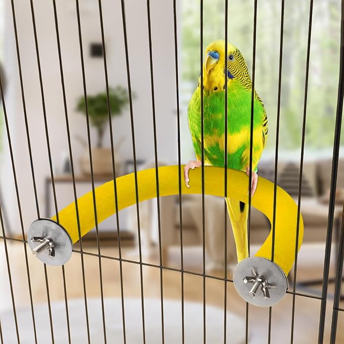 Rypet U Shape Parrot Perch Stand Toy for Paw Grinding Clean Stick Exercise, Rough-Surfaced Quartz Bird Perch Standing Cage Accessories for for Small Parakeets Cockatiels Conures Macaws (Yellow S)