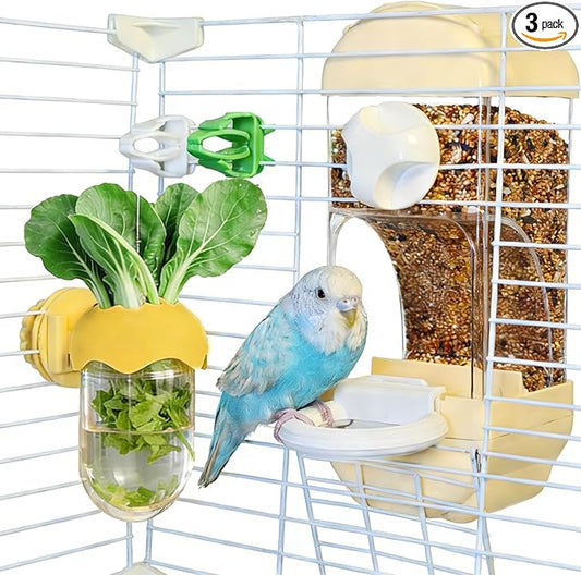 Automatic Bird Cage Feeder No Mess Bird Feeding Station Parrot Vegetable Holder Fruit Clips for Parakeet Cockatoo Canary Lovebirds Budgie (Yellow)