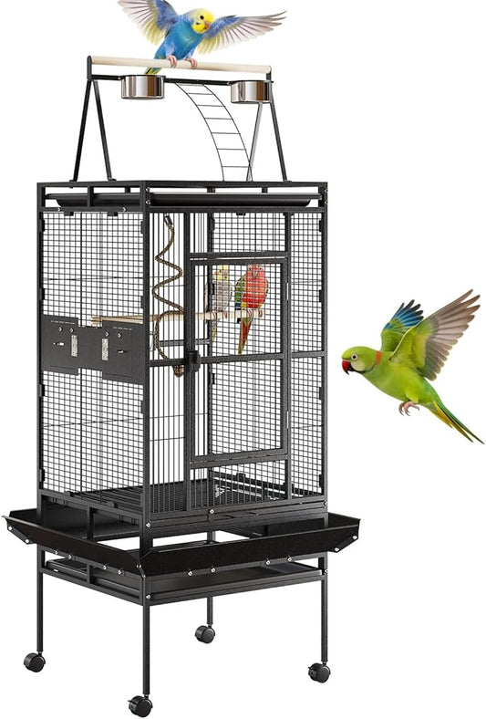 67-Inch Playtop Wrought Iron Large Parrot Bird Cages with Rolling Stand for Cockatiels Parrot Quaker Conure Parakeet Lovebird Canary Small Medium Parrot Cage Birdcage, Black