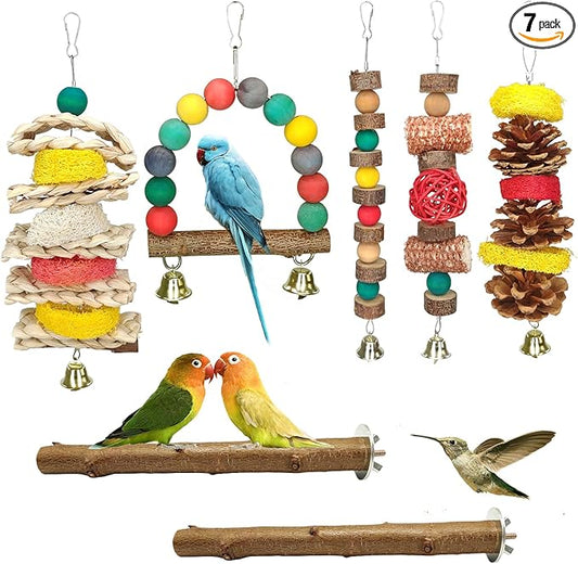 JOREWOOD 7 Pcs Natural Wood Bird Toy & Perch for Parakeets, Cockatiel & Lovebird, Budgie Play Accessory for Small Parrots Indoor Cage